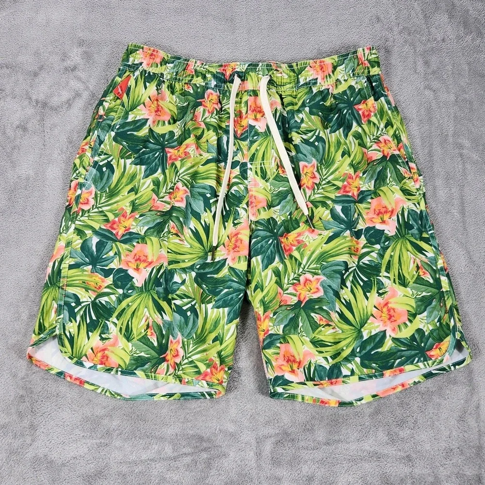 Fair Harbor Swim Shorts Mens Medium Green Floral‎ Lined Drawstring Pockets